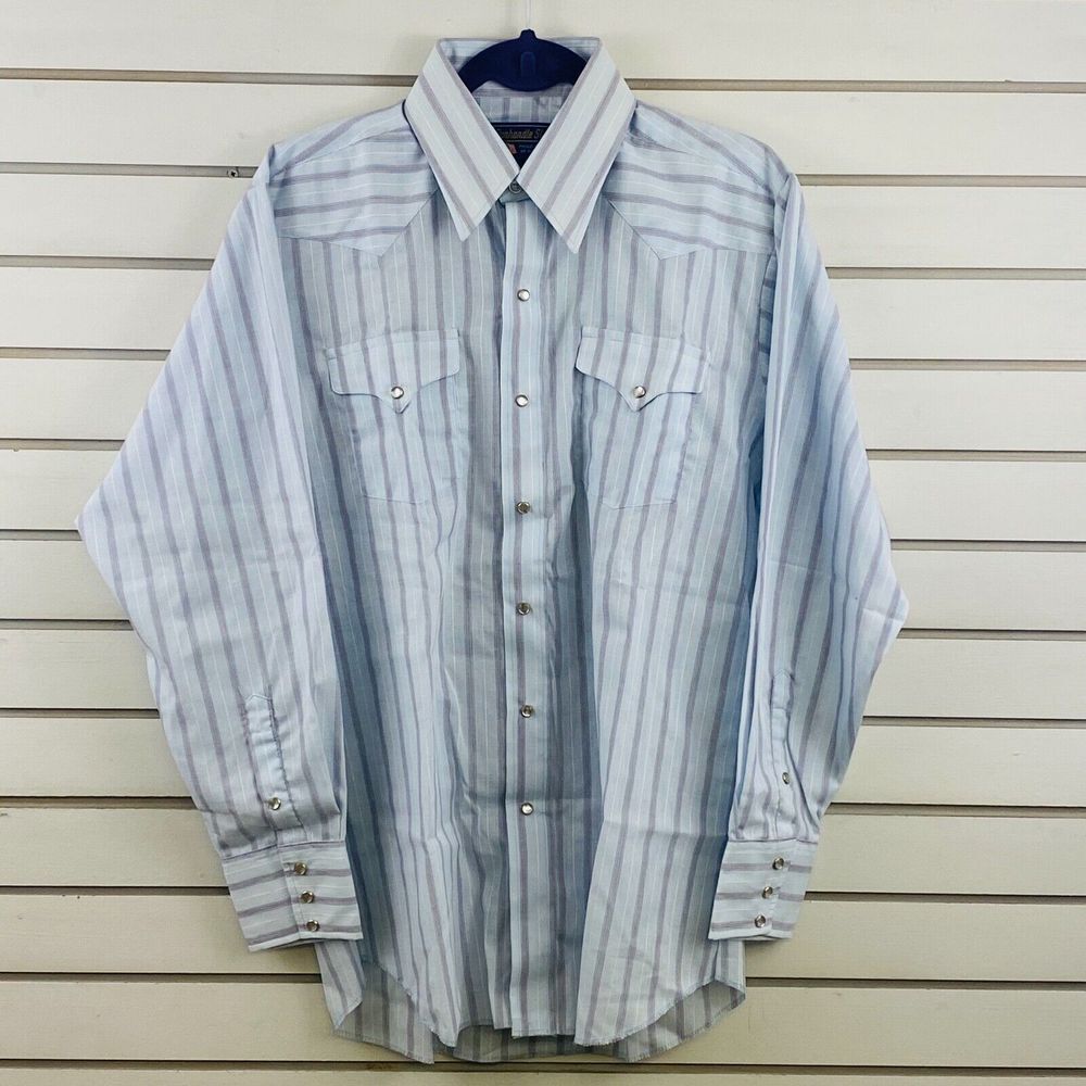 Vintage Mens 16/34 Panhandle Slim Western Snap Shirt Blue Stripe Long Sleeve